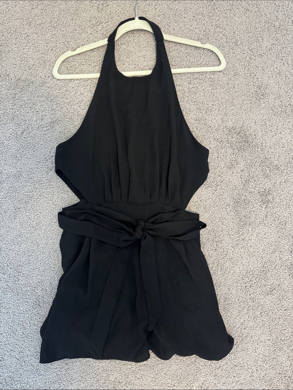 Womens Black Halter One-Piece Romper with Waist Tie